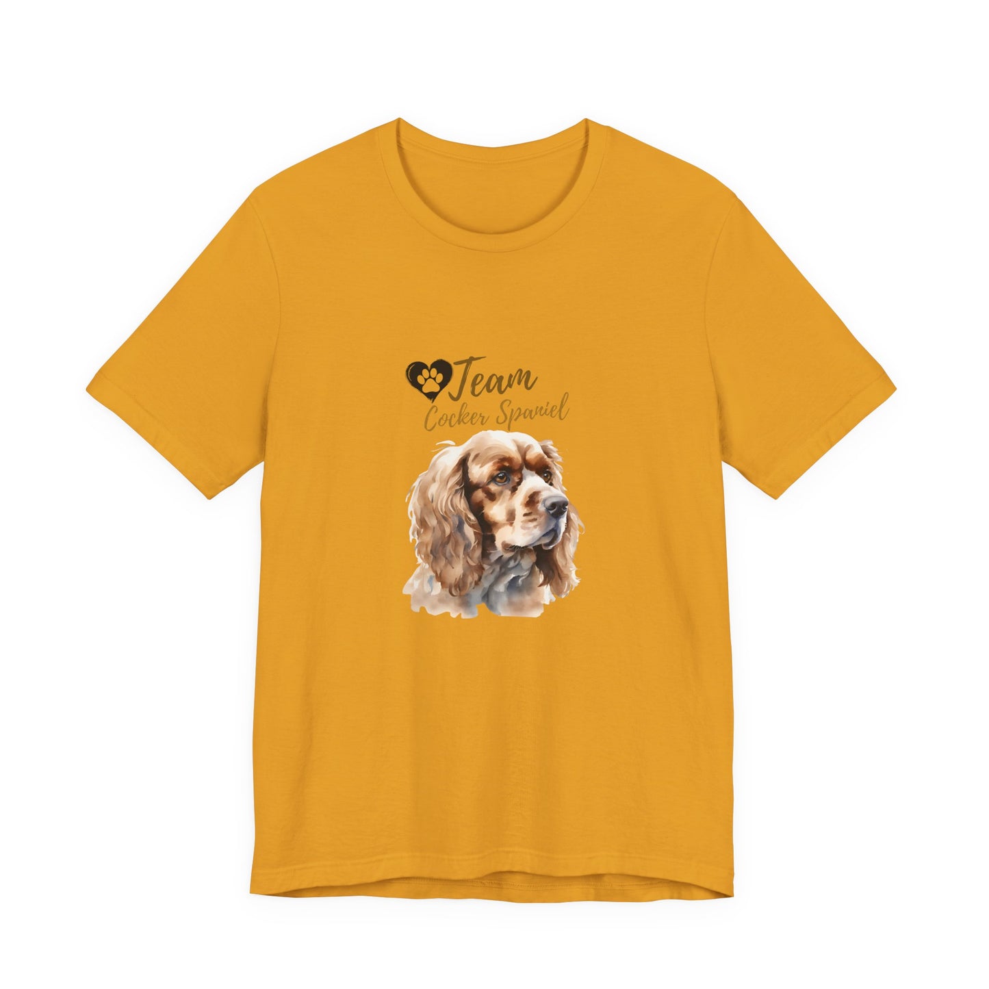 Team Cocker Spaniel watercolour t-shirt in Mustard, flat lay front view