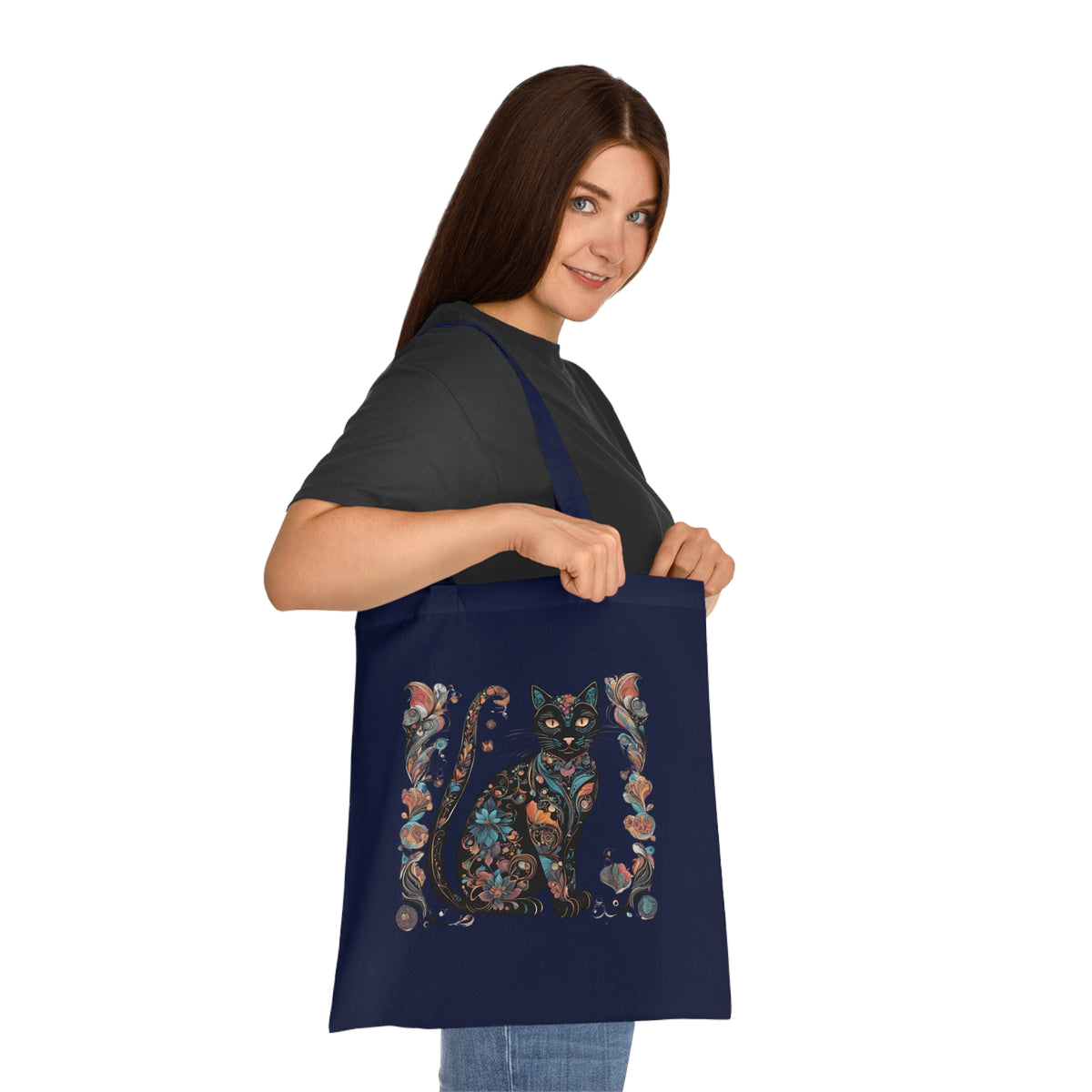 Cat design tote in white — angled view showing lightweight fabric and print detail