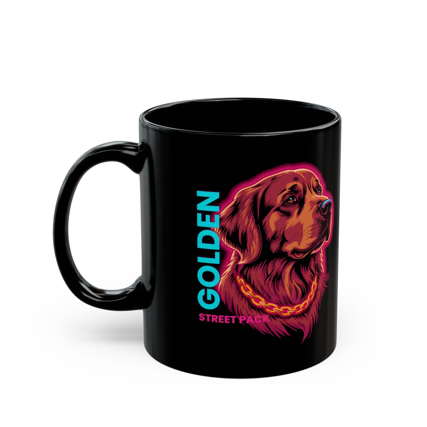 Golden Retriever Neon Portrait Mug — Black 11oz/15oz Coffee Cup
