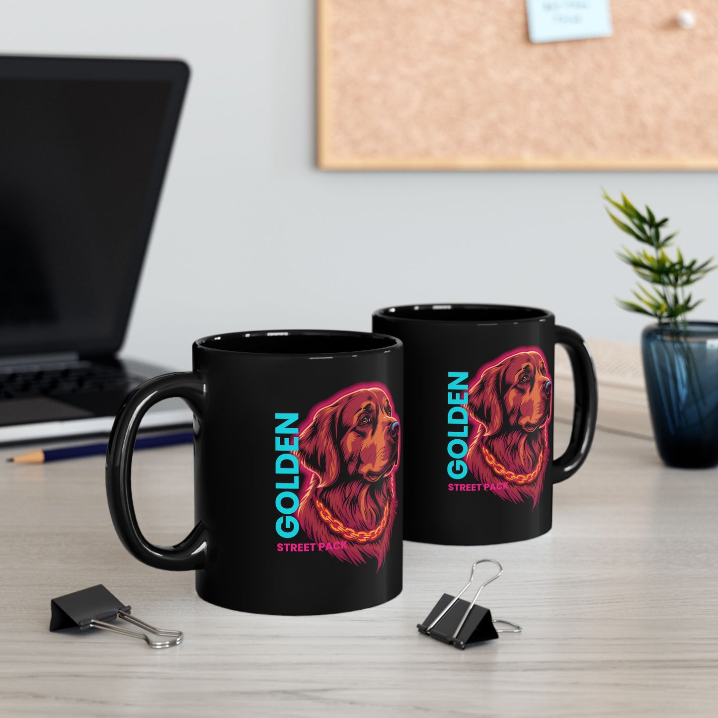 Golden Retriever Neon Portrait Mug — Black 11oz/15oz Coffee Cup