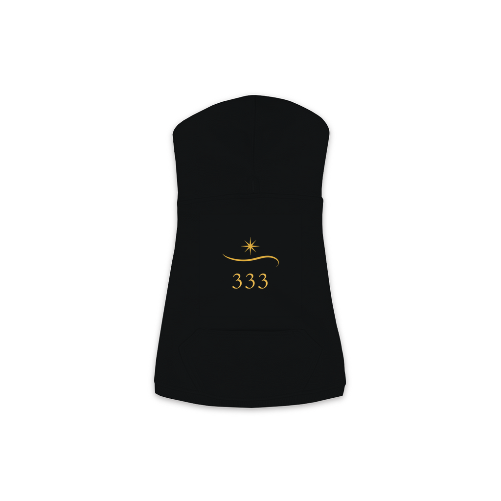 333 Angel Number dog hoodie in Black — gold spark emblem and '333' print on Doggie Skins fleece pullover