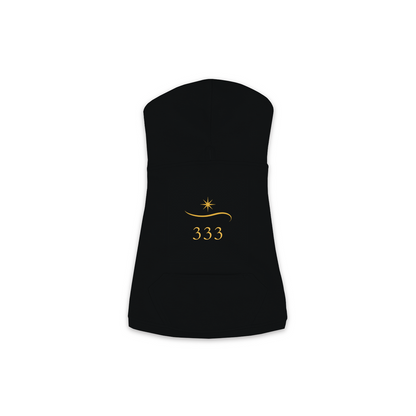 333 Angel Number dog hoodie in Black — gold spark emblem and '333' print on Doggie Skins fleece pullover