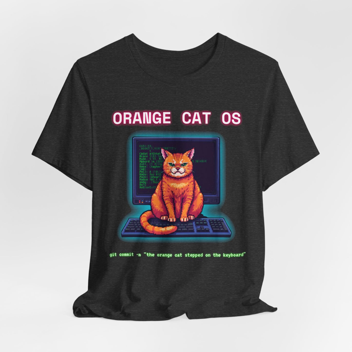 Orange Cat OS T-Shirt — Retro Computer Cat Tee ("Orange Cat OS" with keyboard caption)