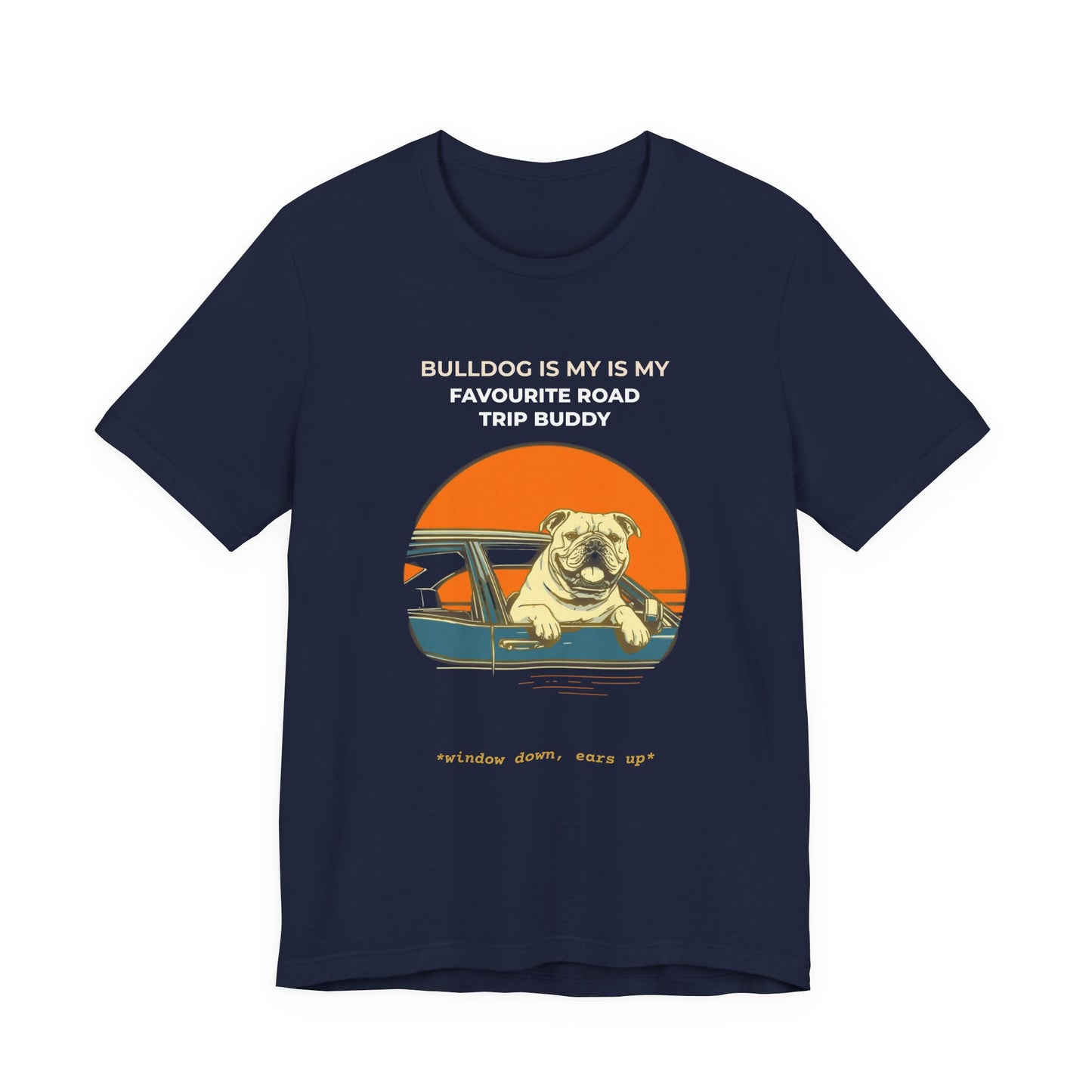 Bulldog Road Trip Tee — "Bulldog Is My Favourite Road Trip Buddy" Vintage Sunset Dog T-Shirt