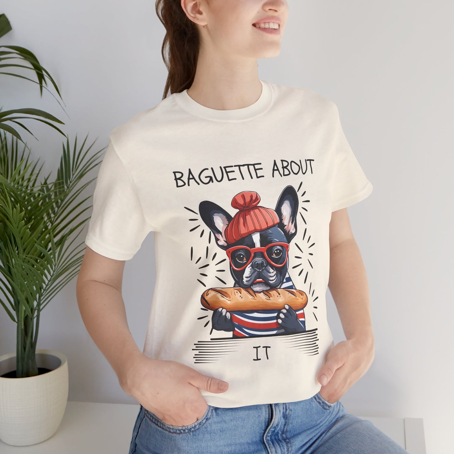 French Bulldog baguette pun graphic tee White colourway — SniffWaggleNWalk™