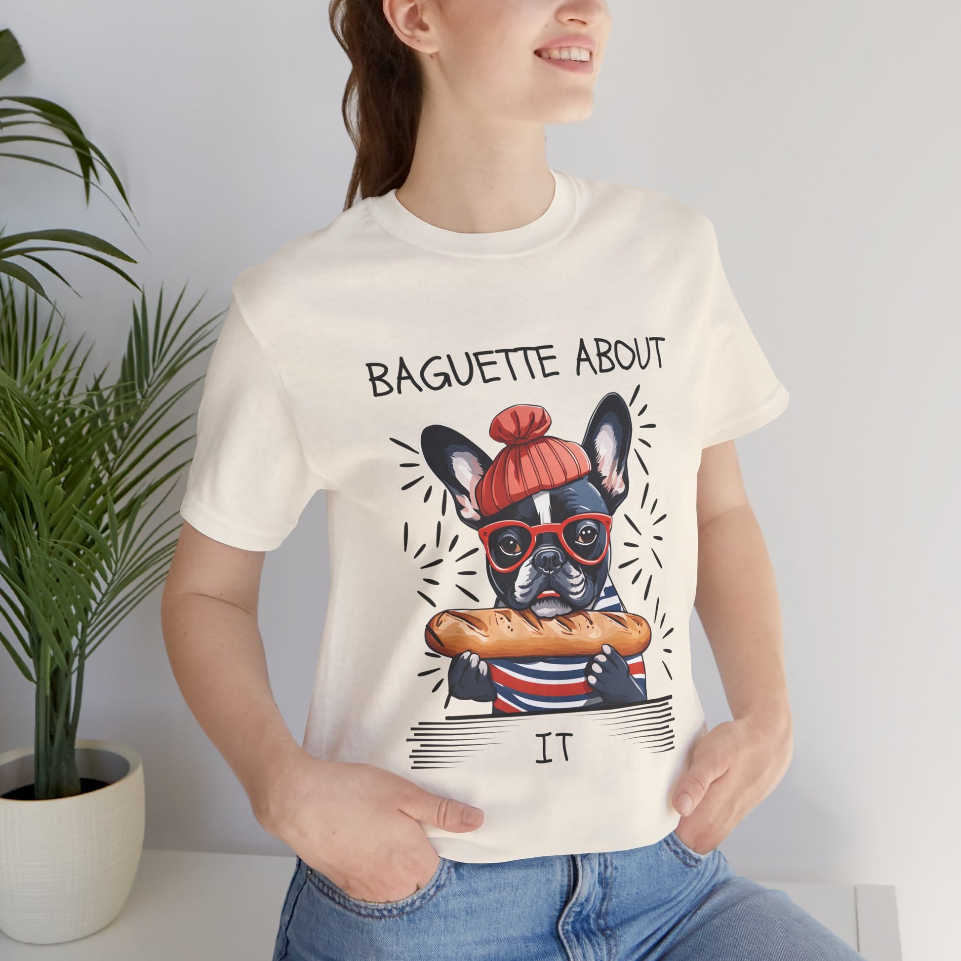 French Bulldog baguette pun graphic tee White colourway — SniffWaggleNWalk™