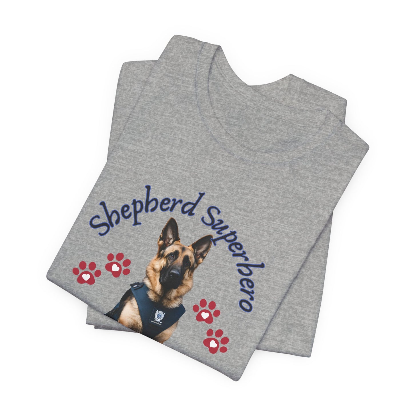 Shepherd Superhero German Shepherd t-shirt in Athletic Heather, folded view showing hero portrait print