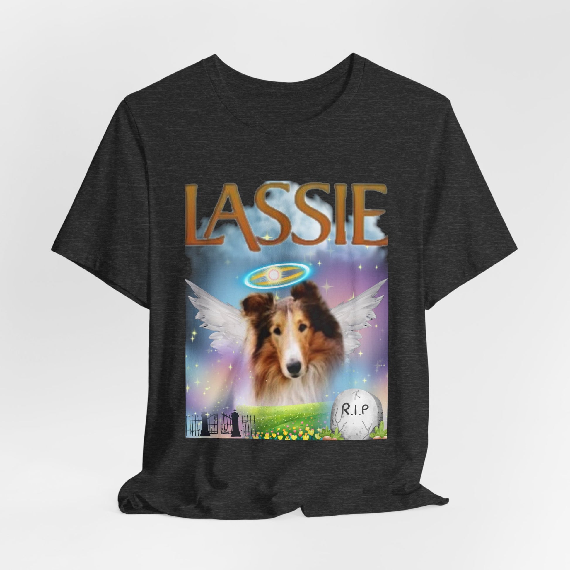 RIP Lassie T-Shirt — White — size guide — SniffWaggleNWalk™