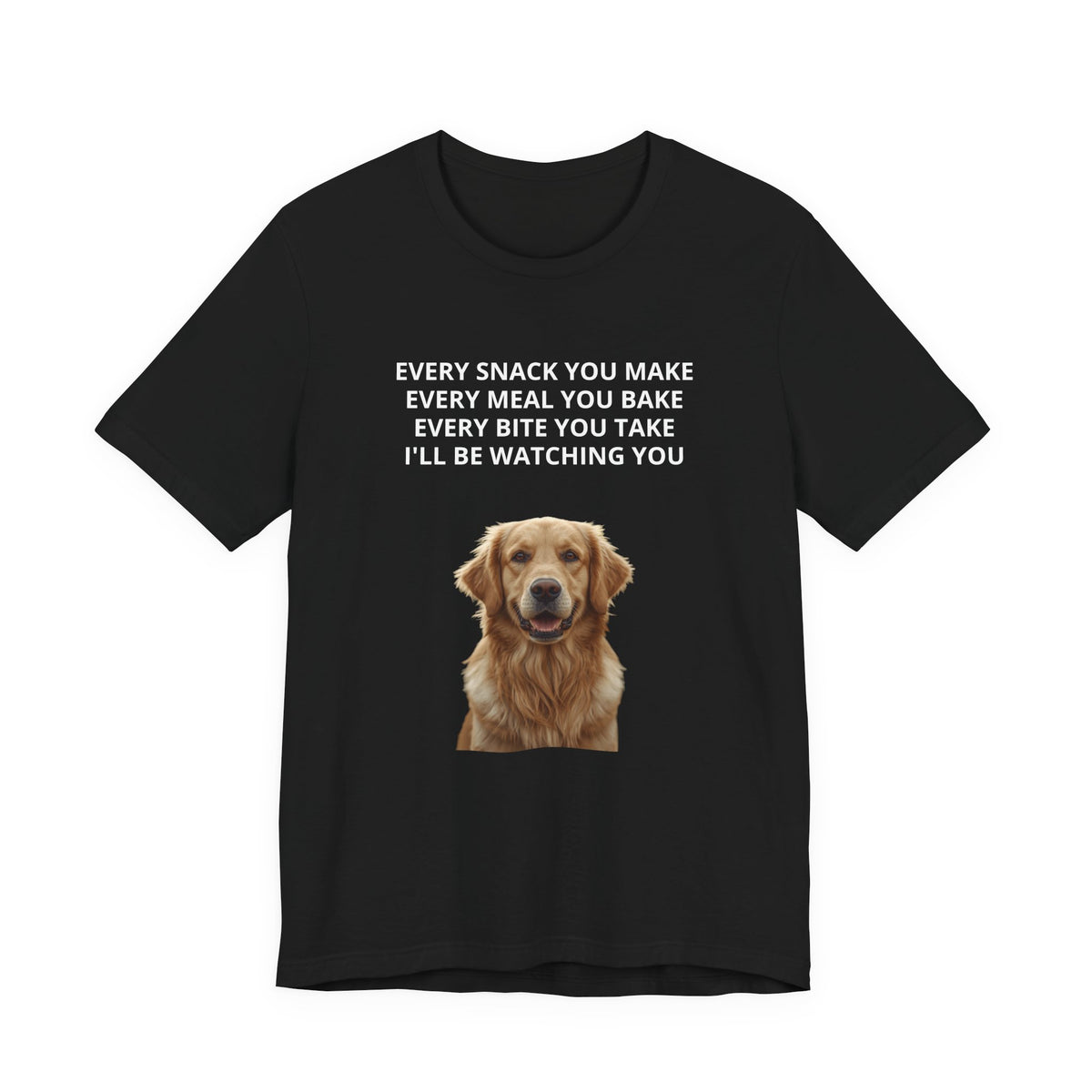 Personalized dog photo t-shirt in Black, flat lay close-up of front design with custom pet photo