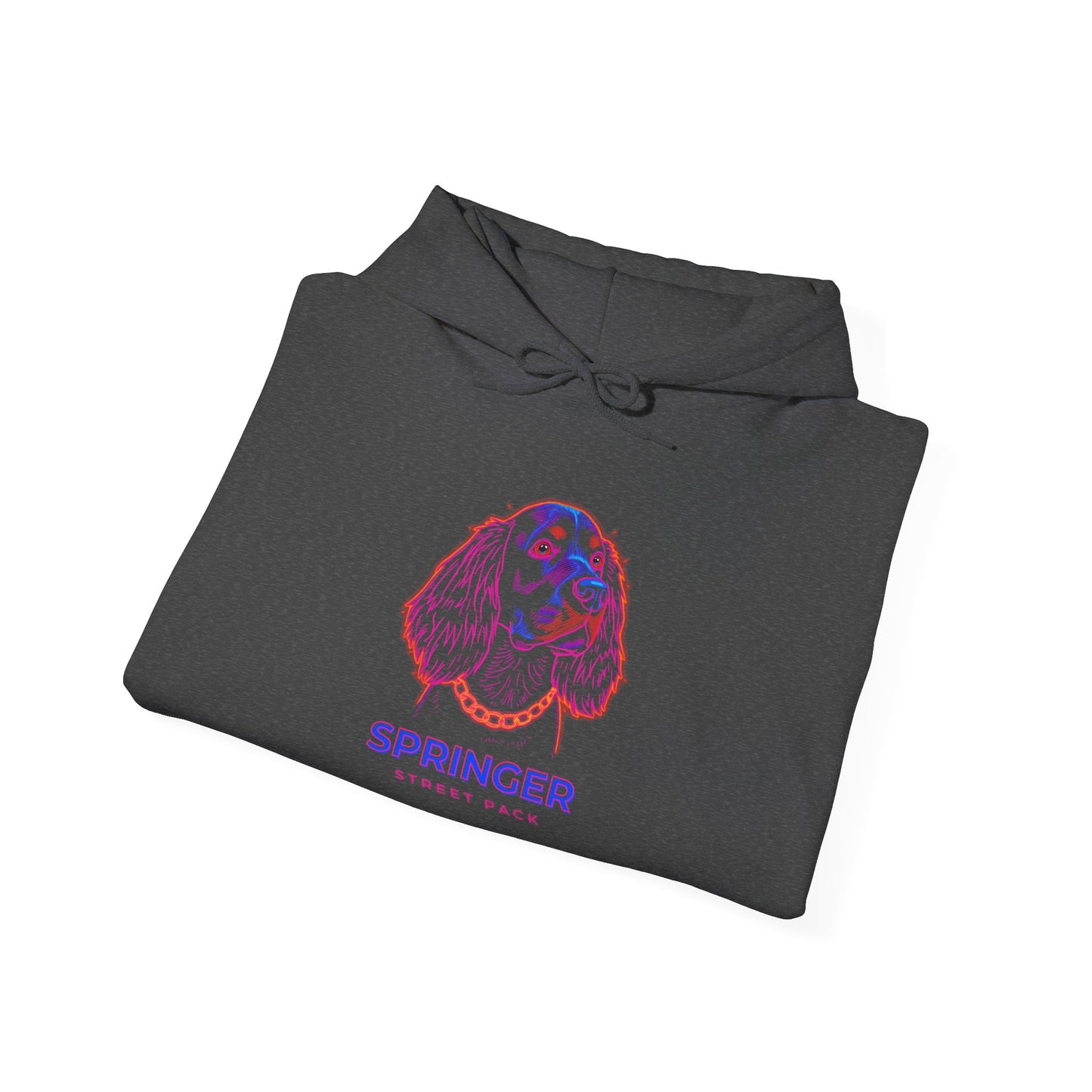 Springer Spaniel neon hoodie on dark fabric close up