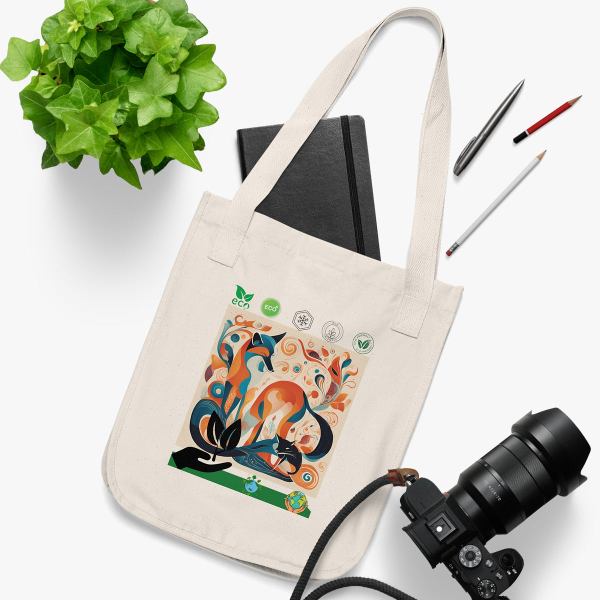 SniffWaggleNWalk™ eco friendly dog in forest art organic tote bag in natural cotton — front view
