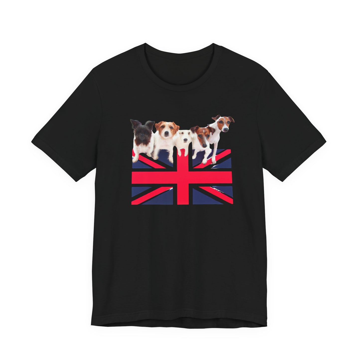 Union Jack Dog Pack T-Shirt in Black — Union Jack flag with Jack Russell terriers on top
