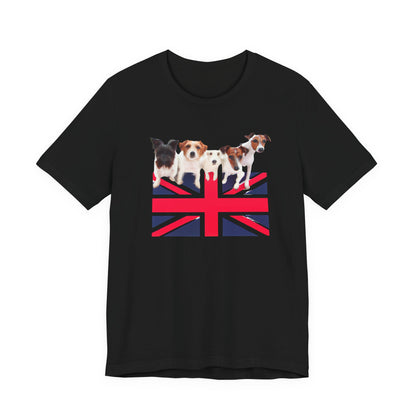 Union Jack Dog Pack T-Shirt in Black — Union Jack flag with Jack Russell terriers on top