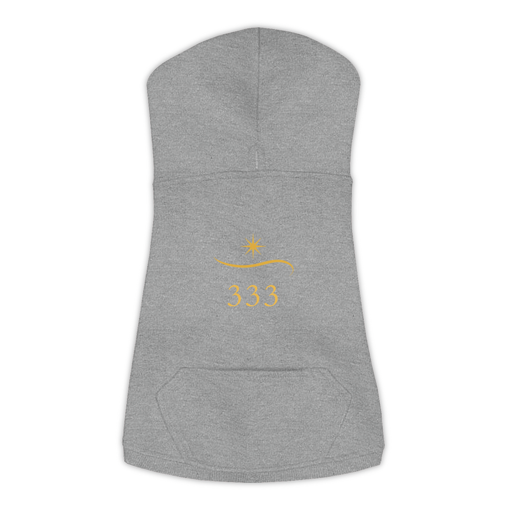 333 Angel Number dog hoodie in Granite Heather — gold spark emblem and '333' print on Doggie Skins fleece pullover