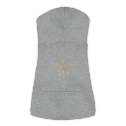 333 Angel Number dog hoodie in Granite Heather — gold spark emblem and '333' print on Doggie Skins fleece pullover