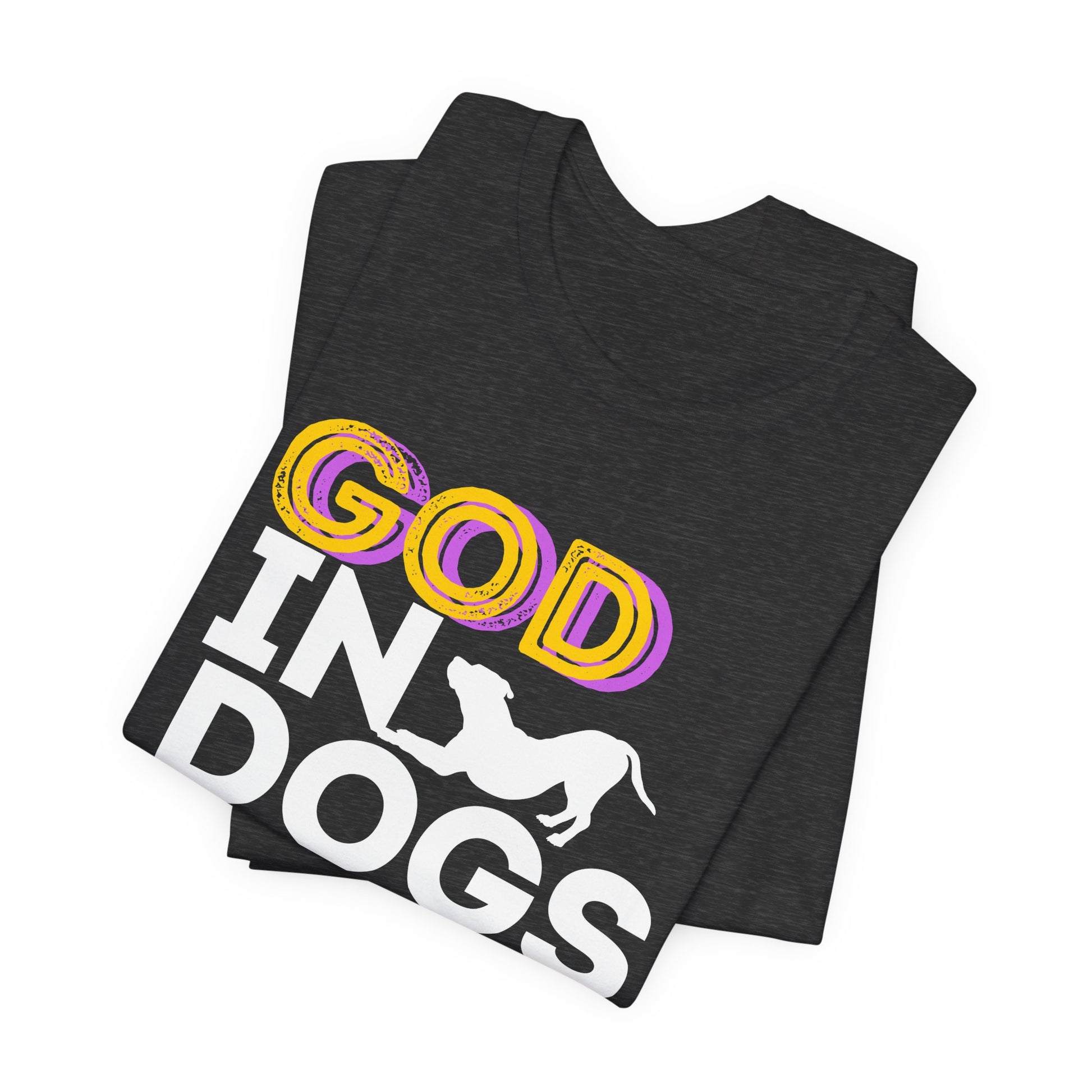 God in Dogs We Trust dog faith tee on dark fabric, full view