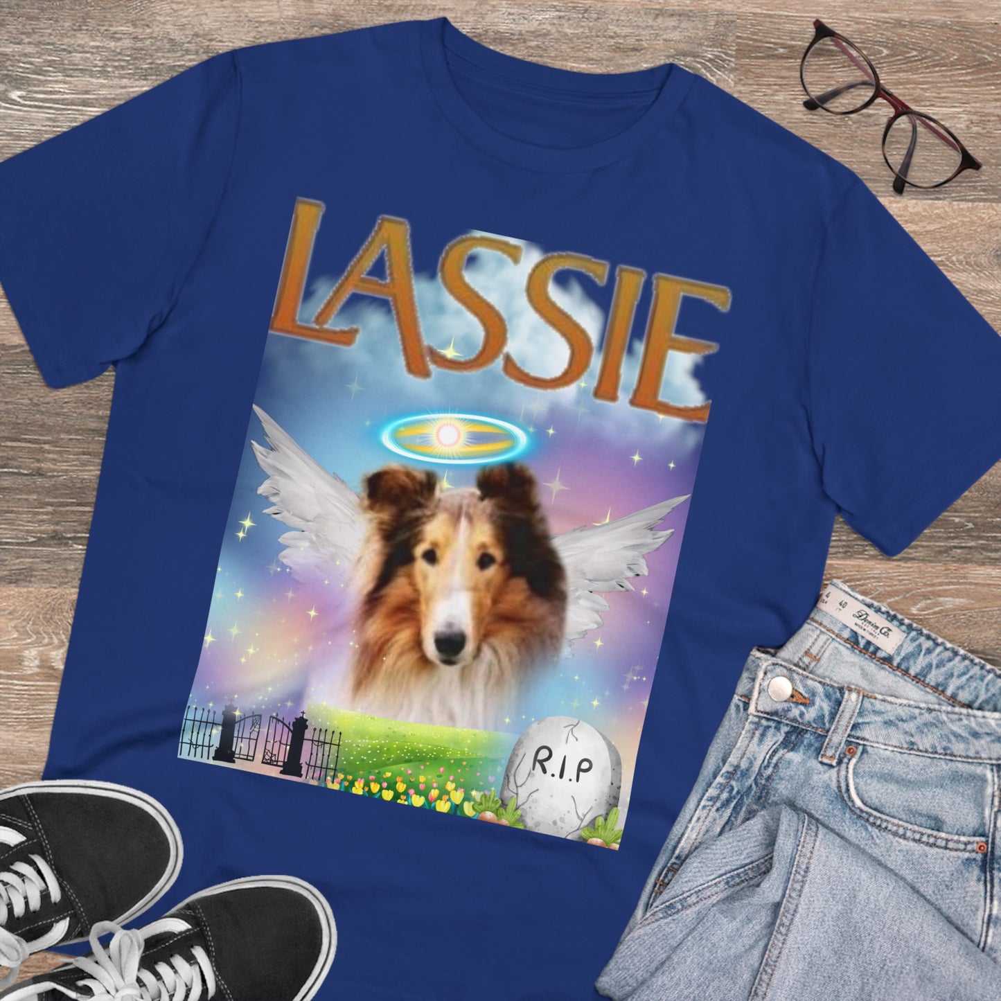 "RIP LASSIE" Organic Creator T-shirt - Unisex by Sniffwaggleandwalk™ - Sniff Waggle And Walk