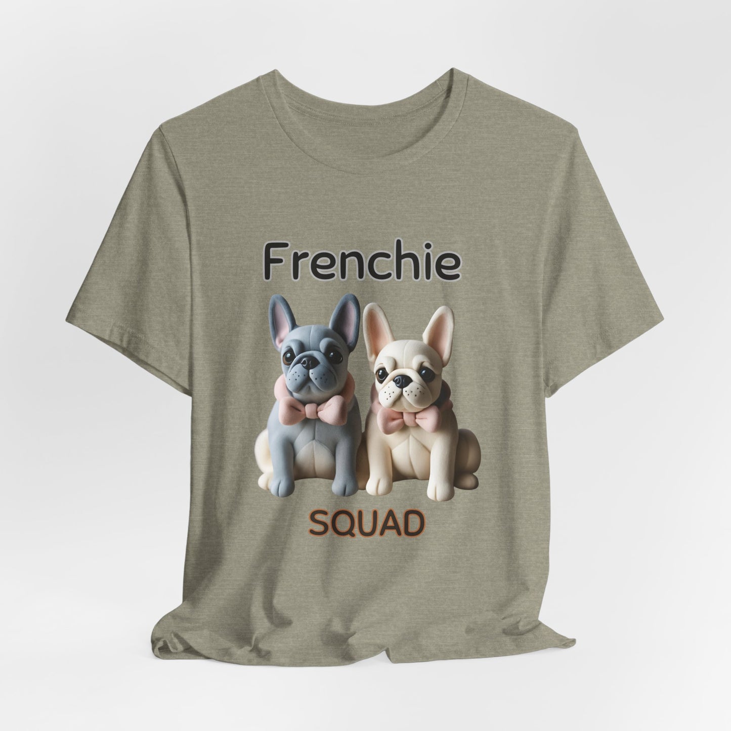 Heather Stone Frenchie Squad graphic tee laid flat showing French Bulldog duo print