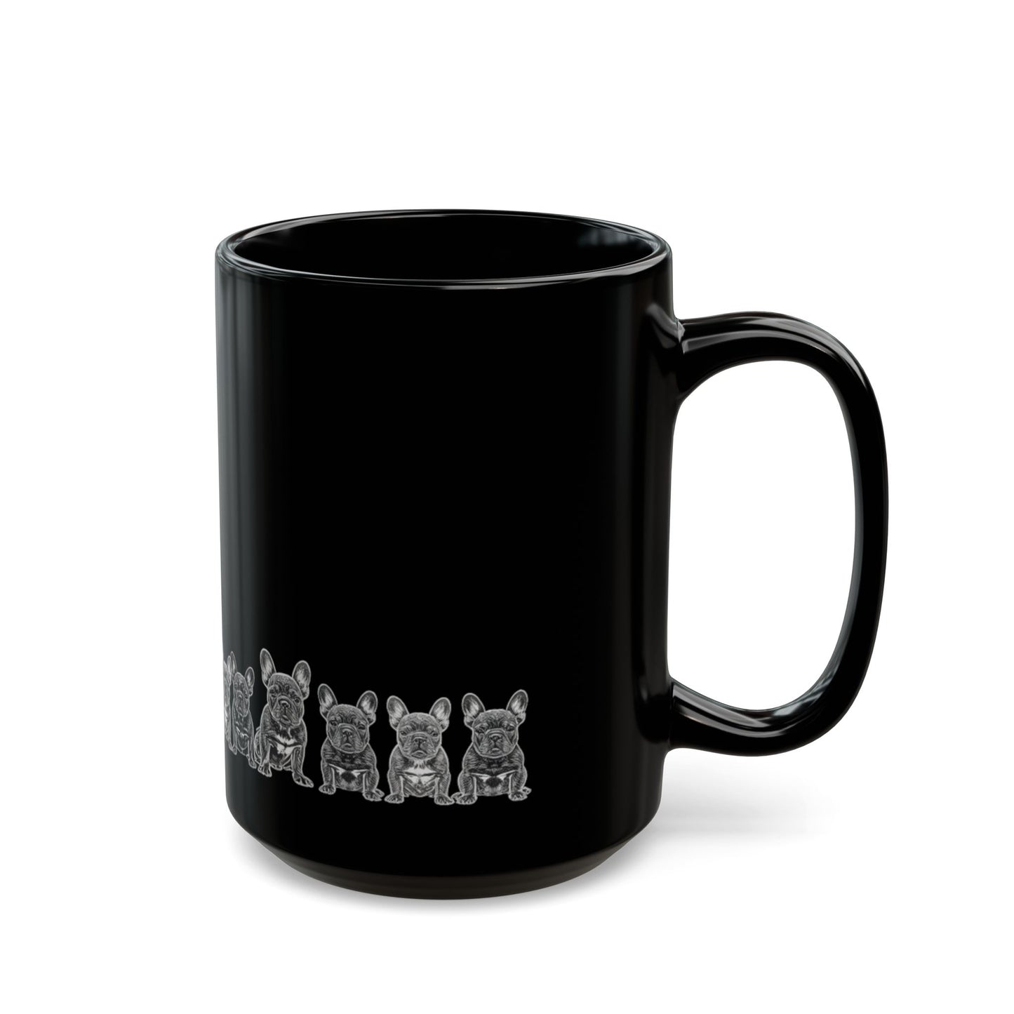 Black Ceramic Mug with Cute Grey French Bulldog Lineup — 11oz & 15oz