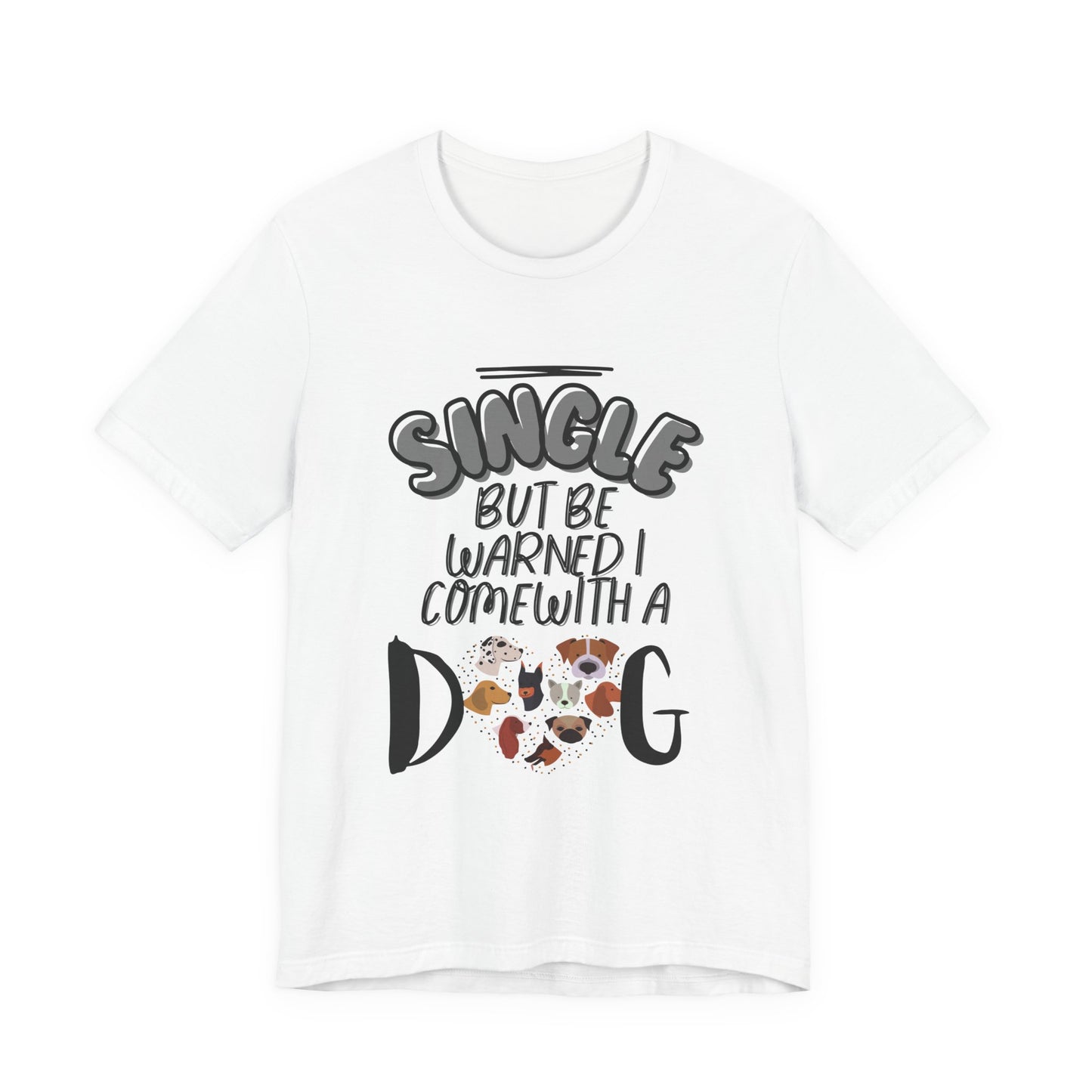 Single But Be Warned dog dating tee, heart-of-dogs design close-up