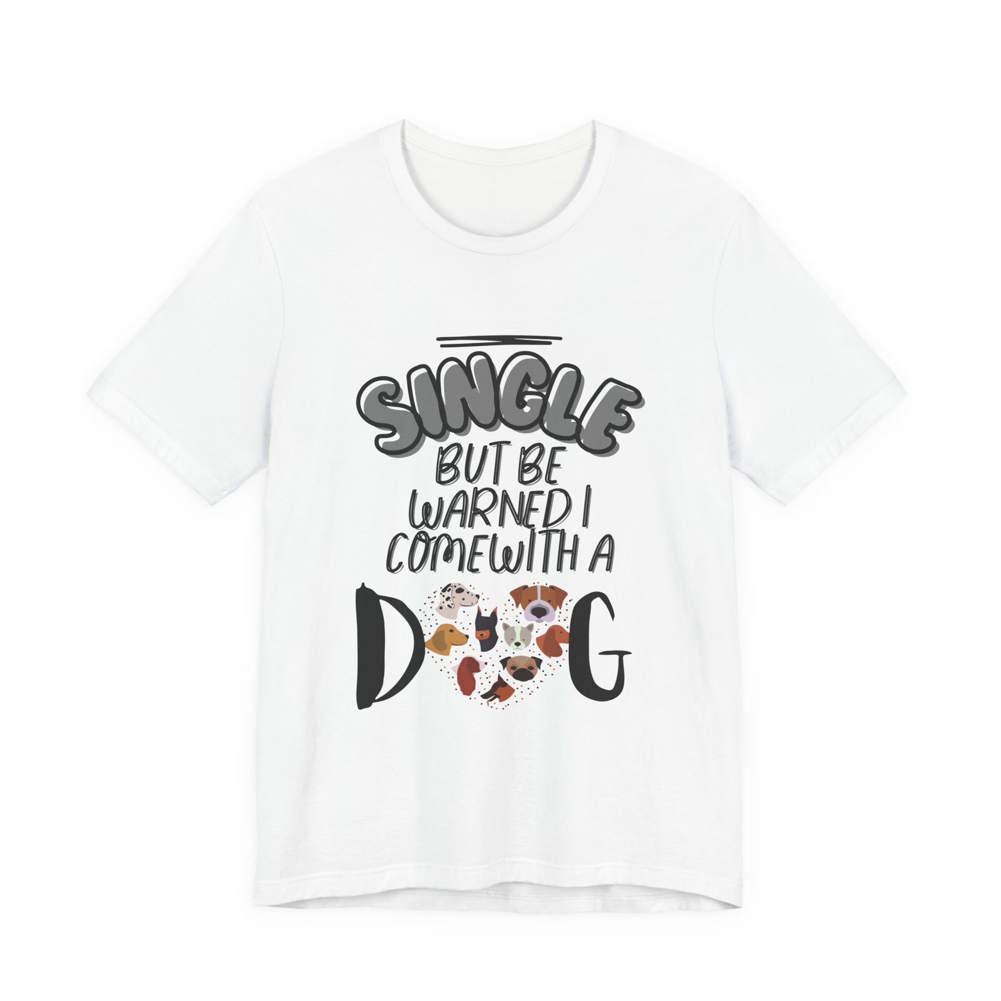 Single But Be Warned dog dating tee, heart-of-dogs design close-up