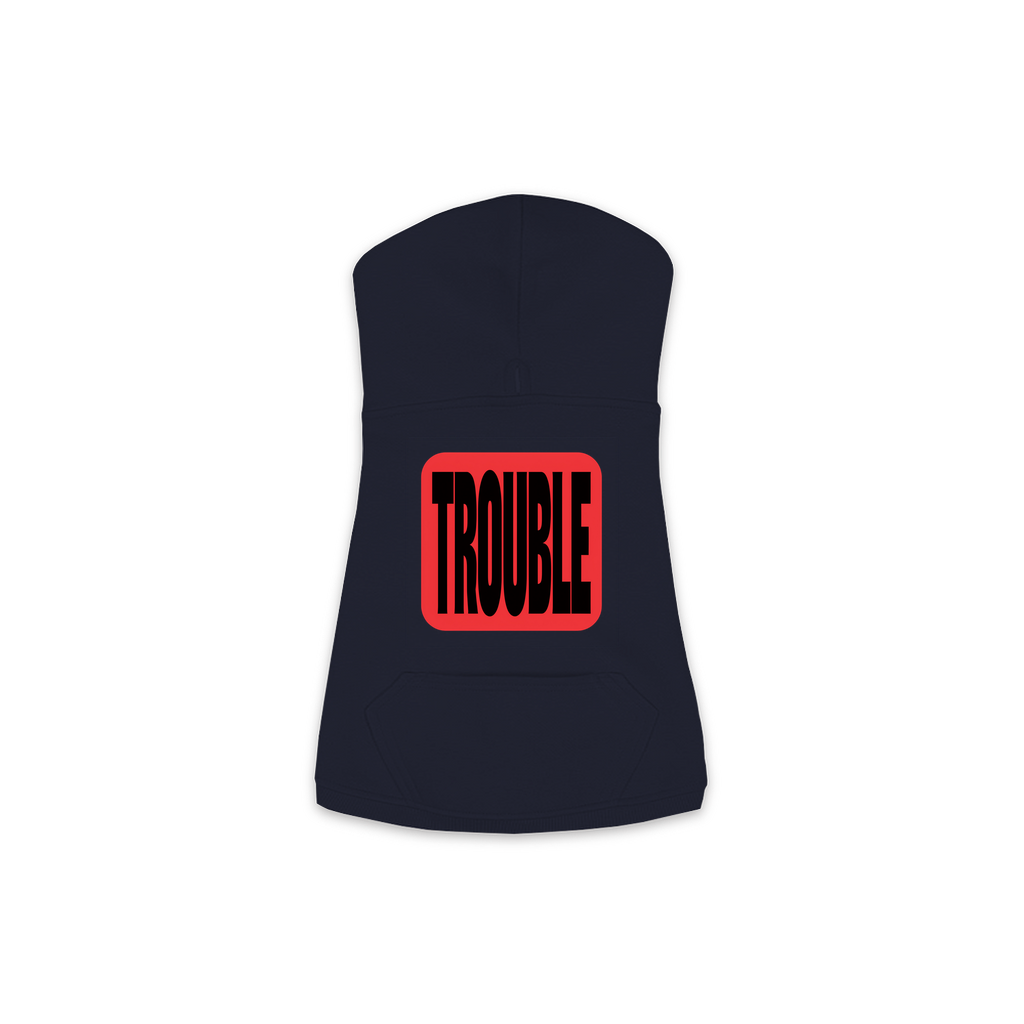 Trouble dog hoodie in Navy — bold red TROUBLE badge print on cosy fleece pullover