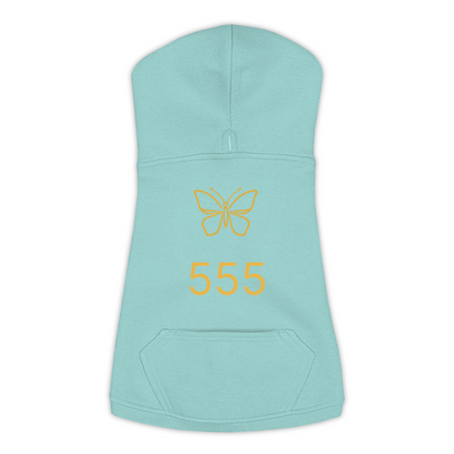 555 Angel Number dog hoodie in Saltwater — gold butterfly emblem and '555' print on Doggie Skins fleece pullover