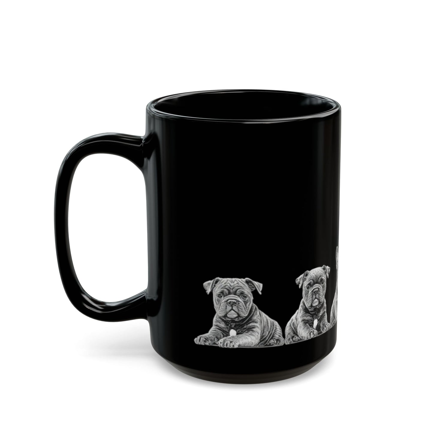 staffies Row Black Mug — Cute Dog Coffee Cup (11oz/15oz)