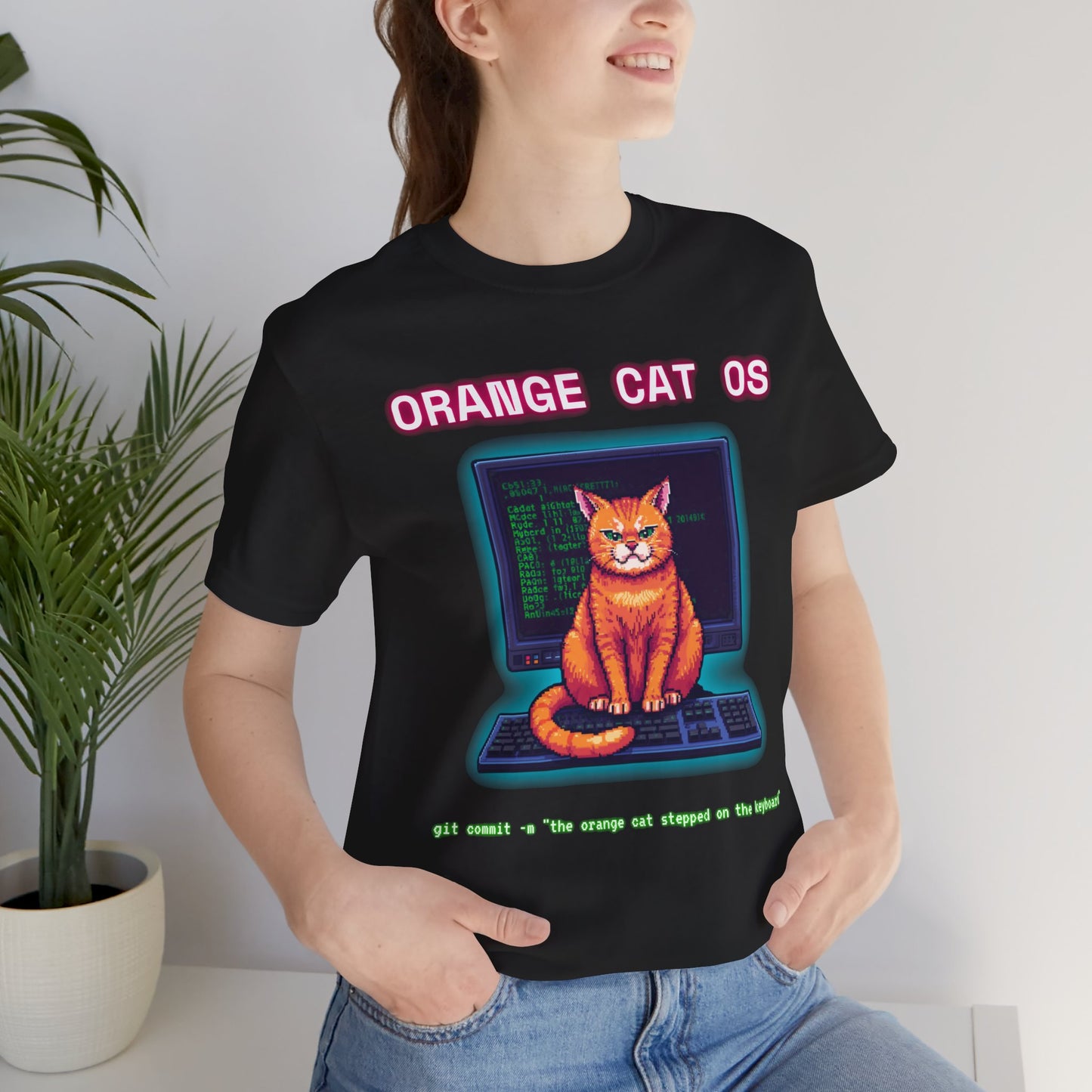 Orange Cat OS T-Shirt — Retro Computer Cat Tee ("Orange Cat OS" with keyboard caption)