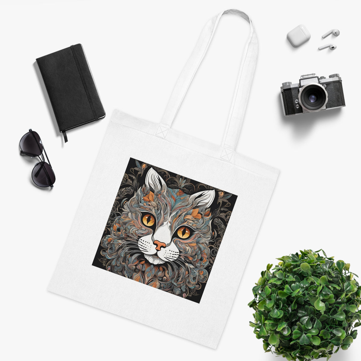 SniffWaggleNWalk™ double-sided cat design cotton tote bag — front view