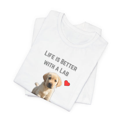 Life Is Better with a Lab puppy t-shirt in White, folded view showing Labrador puppy print