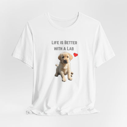 Life Is Better with a Lab puppy t-shirt in White, hanging front view