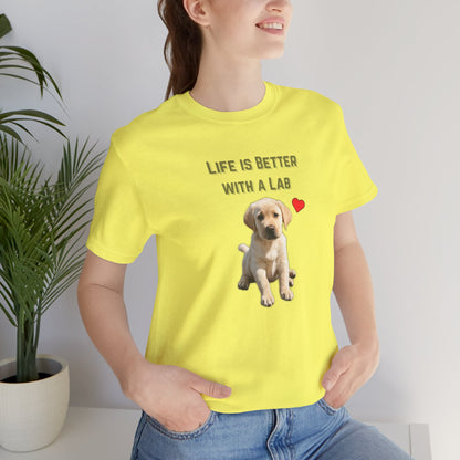 Life Is Better with a Lab puppy t-shirt in Yellow worn by a model, front view