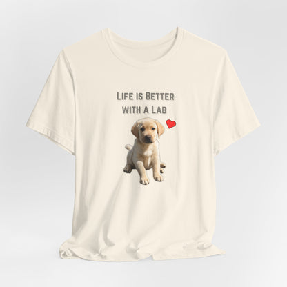 Life Is Better with a Lab puppy t-shirt in Natural, hanging front view