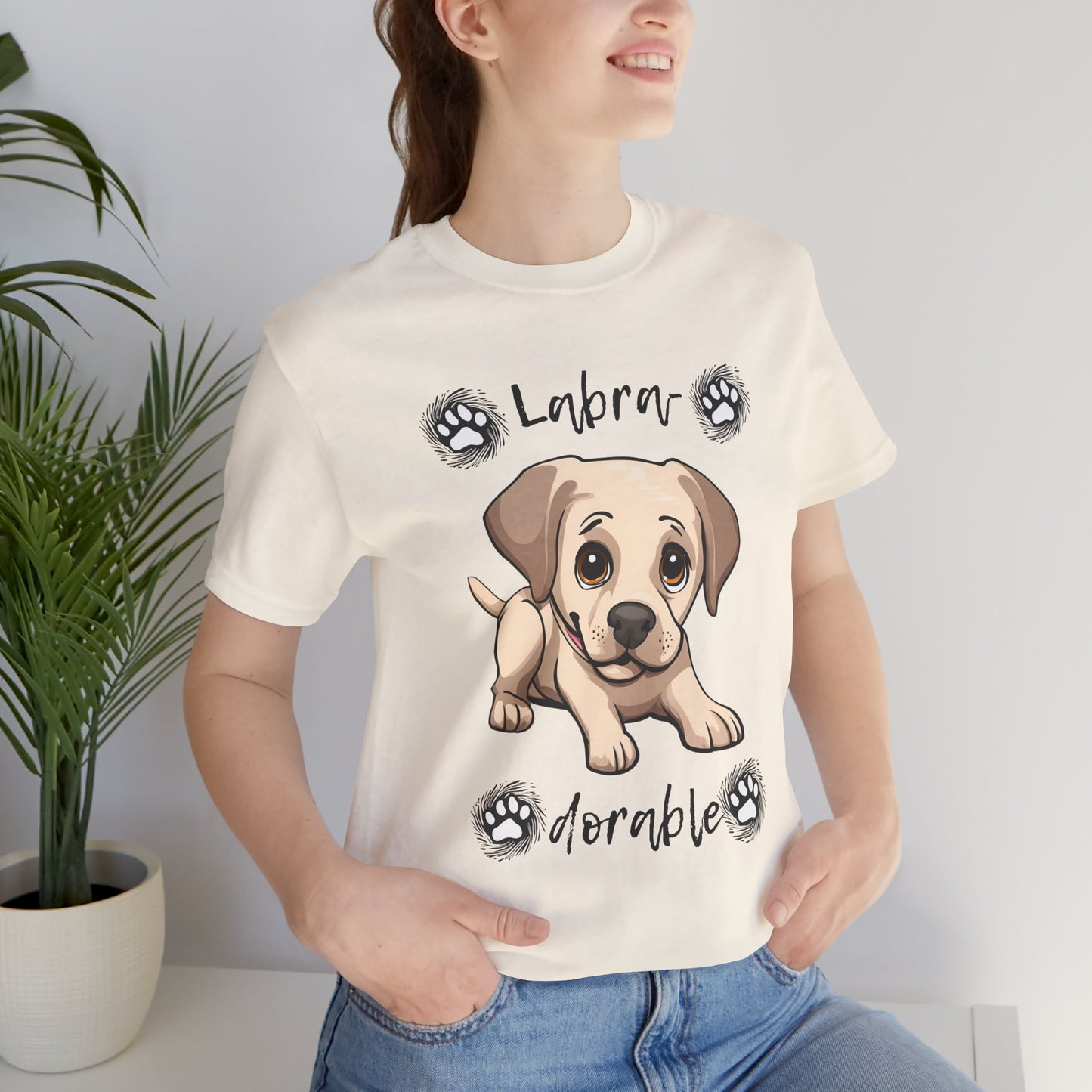 Labra-DORABLE Labrador puppy t-shirt in Natural worn by a model, front view