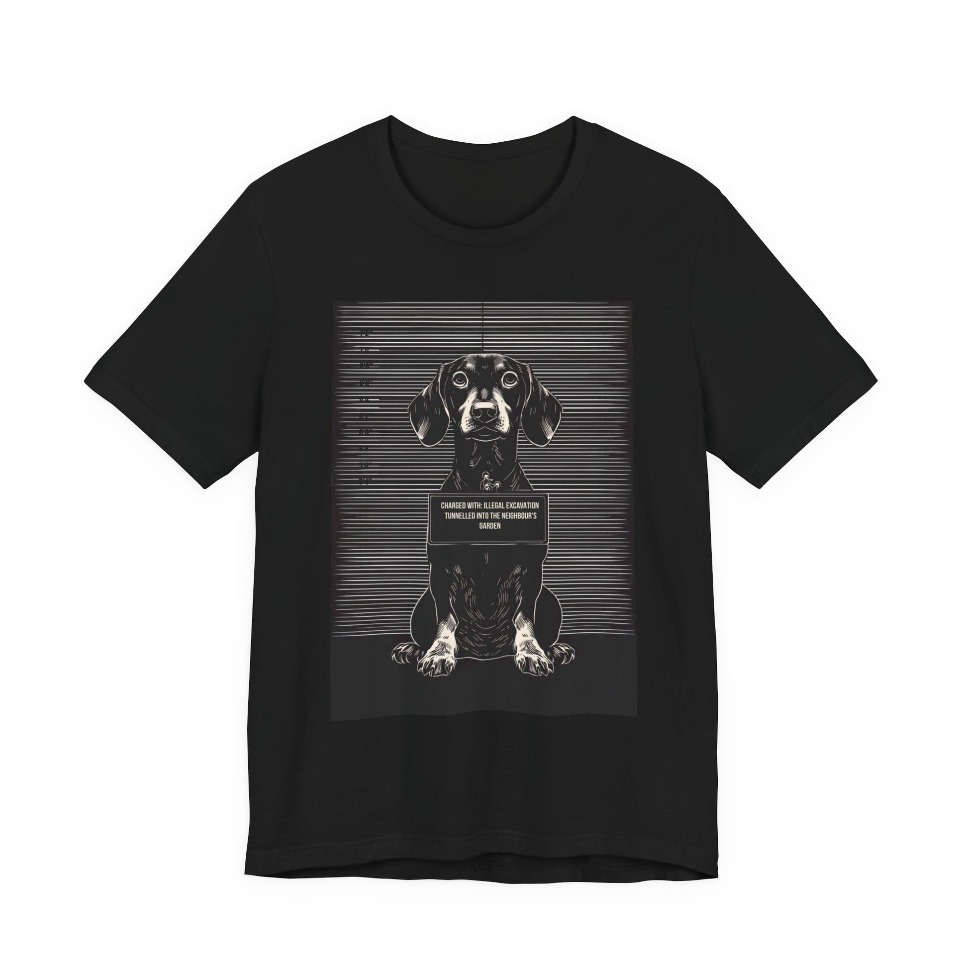 Dachshund True Crime Night Shift t-shirt, black, back view