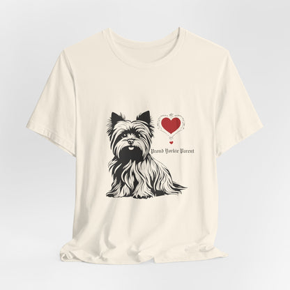 Natural Proud Yorkie Parent graphic tee laid flat showing Yorkshire Terrier print