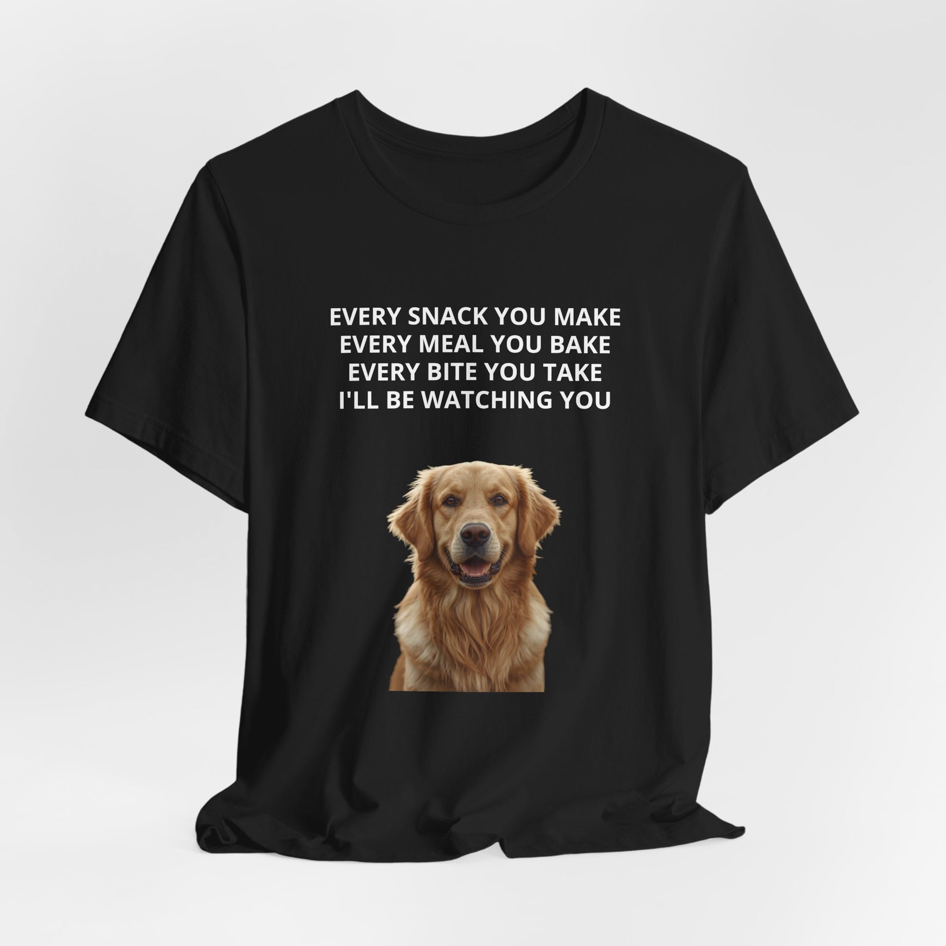 Personalized dog photo t-shirt in Black, draped flat lay showing full front design