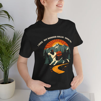 Black border collie hiking tee folded flat showing the unisex fit