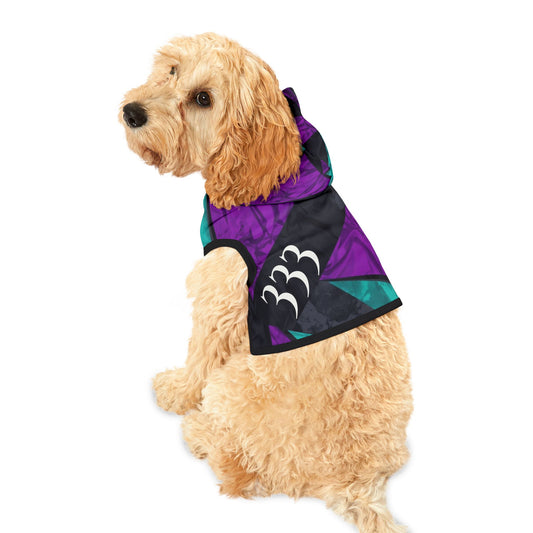 Dog wearing 333 alignment hoodie with modern geometric pattern