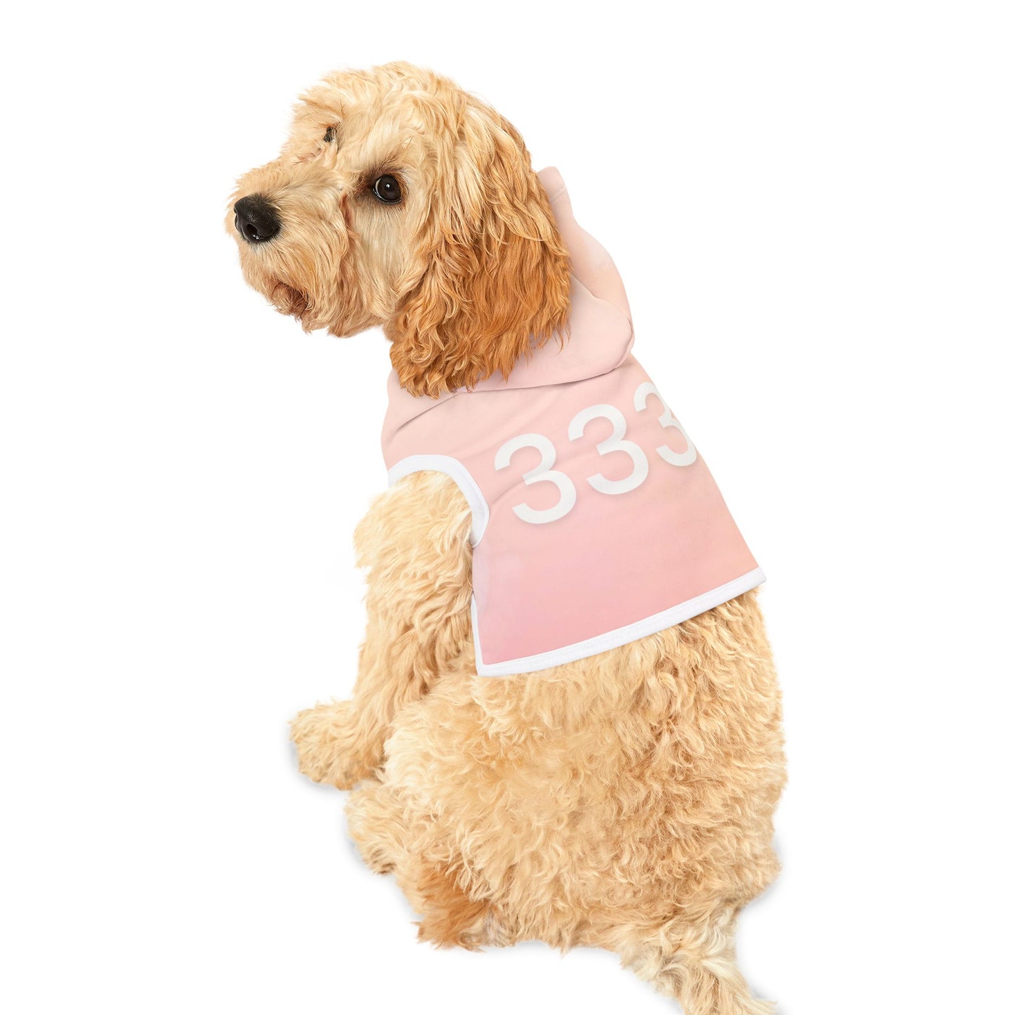 Pastel pink pet hoodie with angel number 333 on back