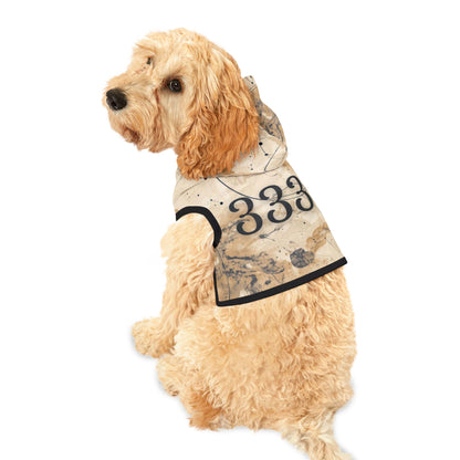 Dog wearing 333 ascension heirloom hoodie with earthy marbled pattern