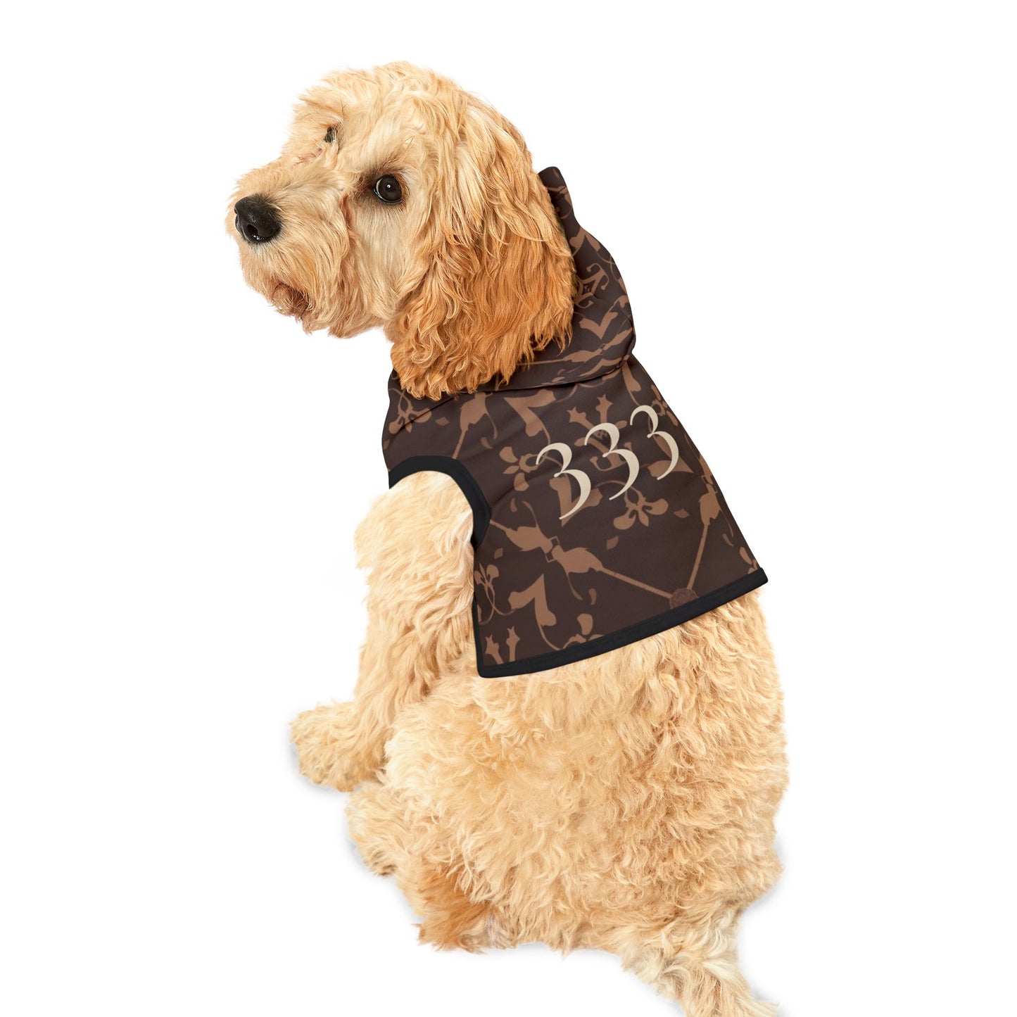 Dog wearing 333 heirloom alignment hoodie with rustic spiritual design