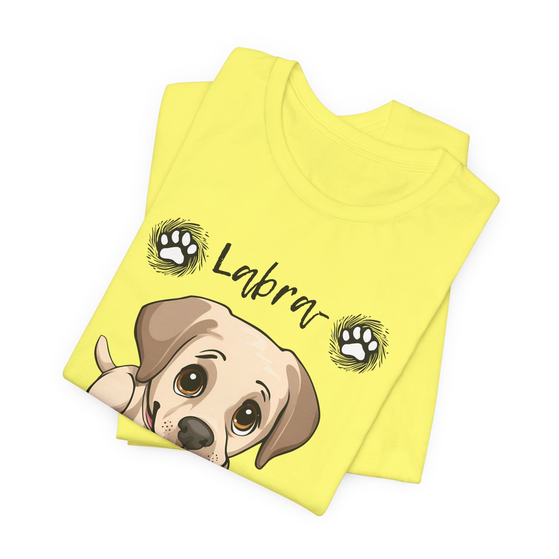 Labra-DORABLE Labrador puppy t-shirt in Yellow, folded view showing Labrador puppy print
