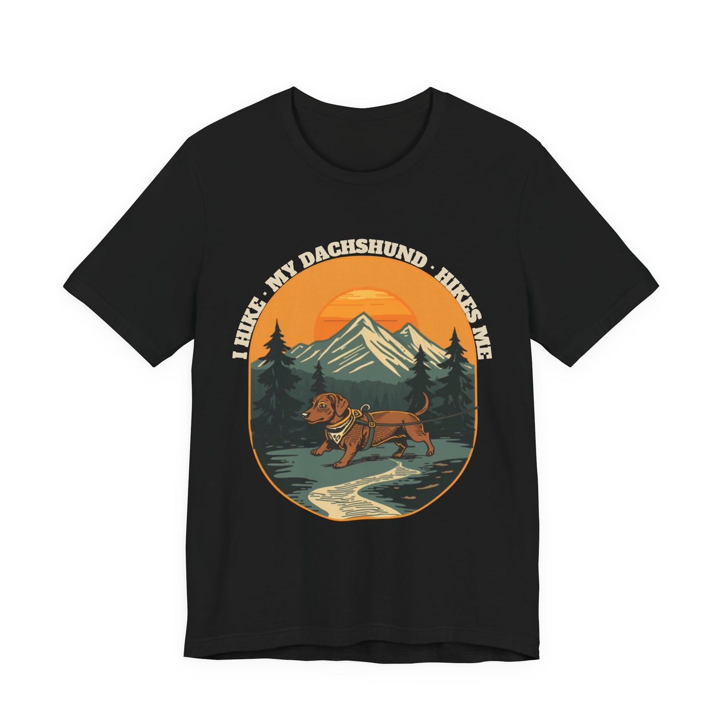Close-up of the I Hike My Dachshund Hikes Me print on a black tee