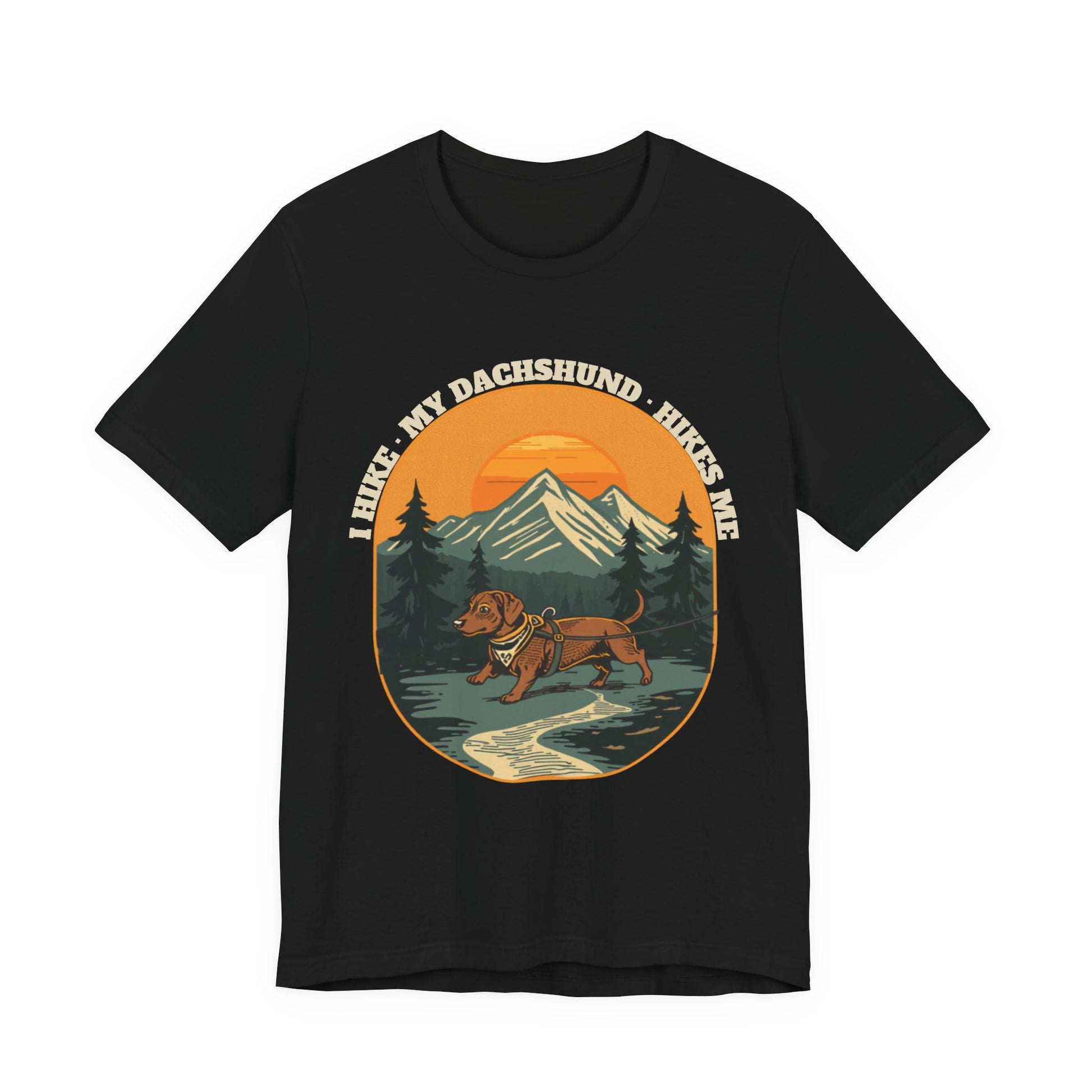 Close-up of the I Hike My Dachshund Hikes Me print on a black tee