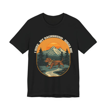 Close-up of the I Hike My Dachshund Hikes Me print on a black tee