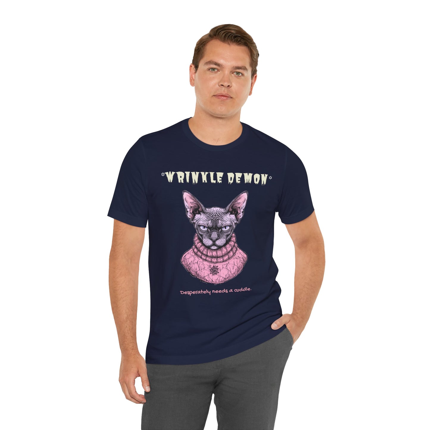Wrinkly Demon Sphynx Cat Tee — “desperately needs a cuddle.” Graphic Cat T-Shirt