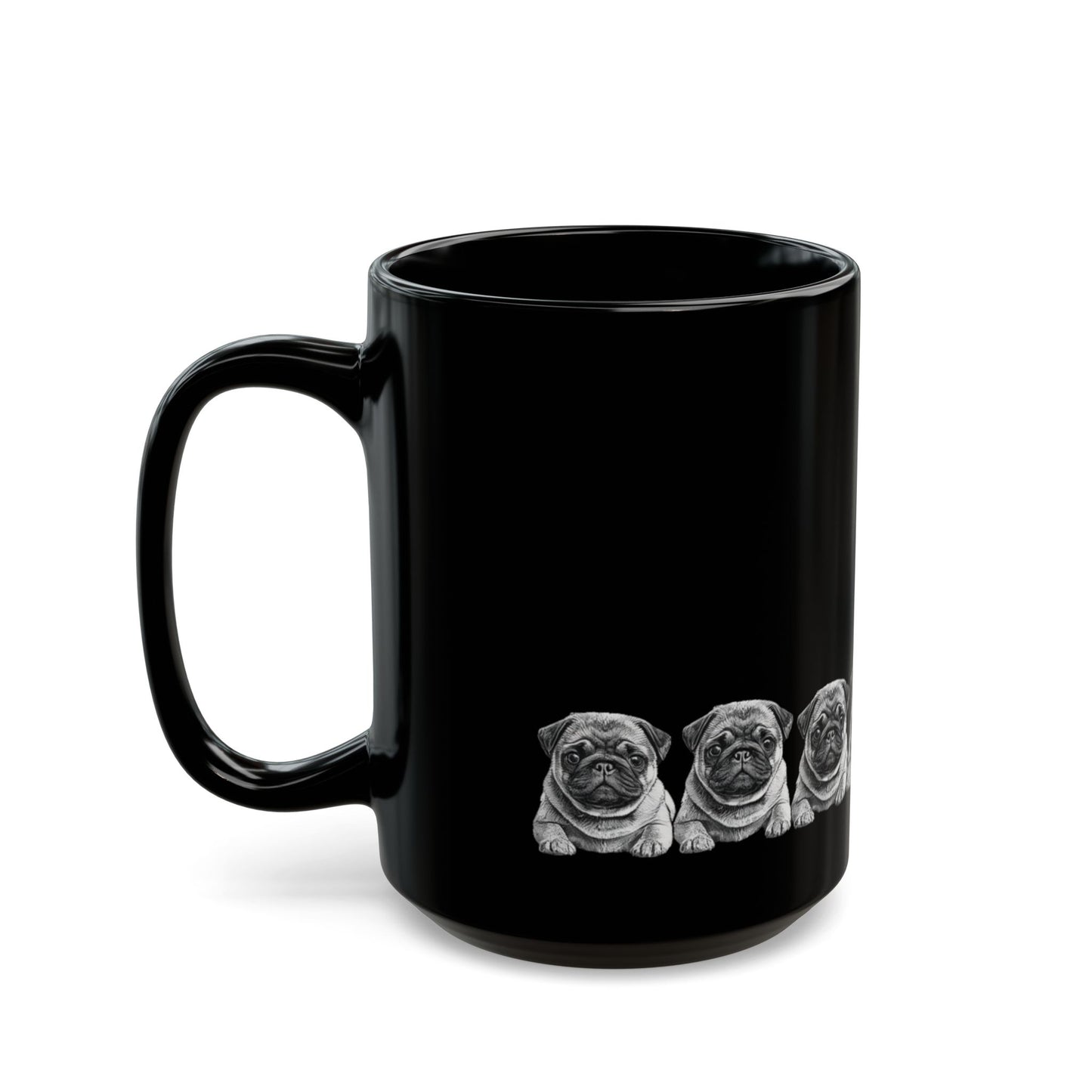 Pug Parade Black Ceramic Mug — 11oz & 15oz Cute Pug Lineup Coffee Cup
