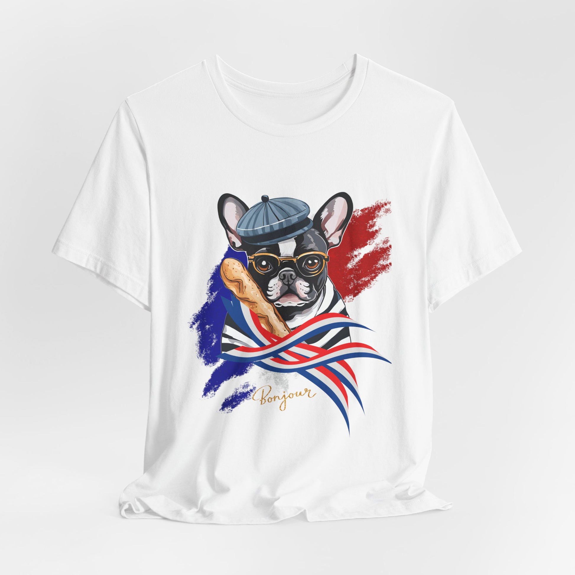 French Bulldog Baguette tee — White colourway showing French tricolour graphic in full detail — SniffWaggleNWalk™